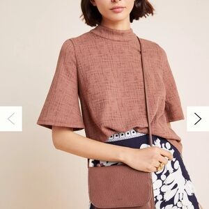 Anthropologie Textured Tie-Back Brown Top with Short Sleeves